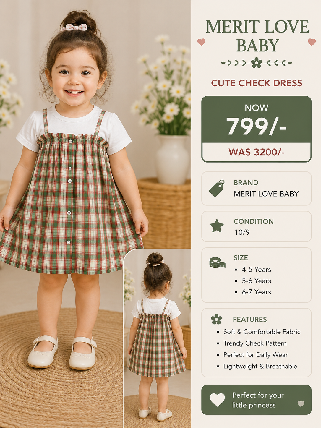 Merit Love Baby Girls Check Dress with White Inner Tee | Premium Thrift | 10/9 Condition
