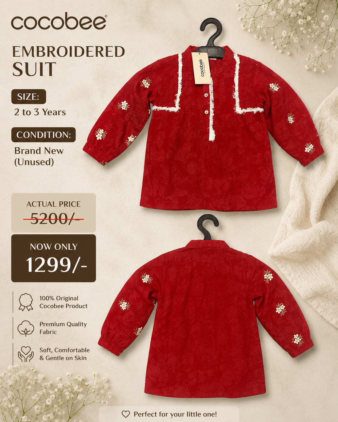 Cocobee Embroidered Girls Suit – Brand New with Tag | Size 2–3 Years | Red