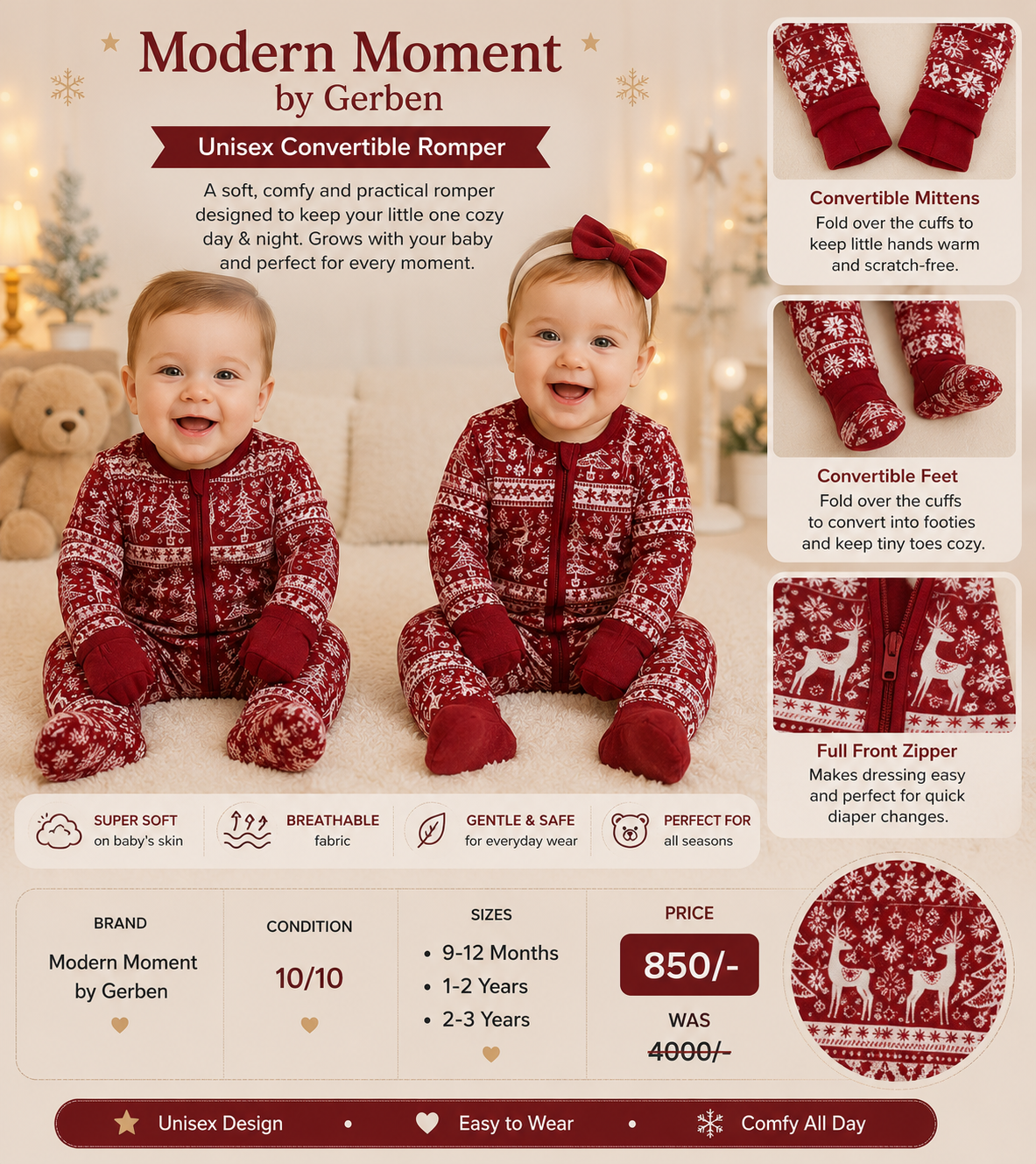 Modern Moment by Gerber – Red Unisex Convertible Romper