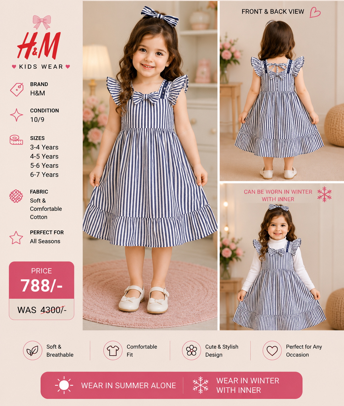 H&M Blue Stripe Bow kintted Dress
