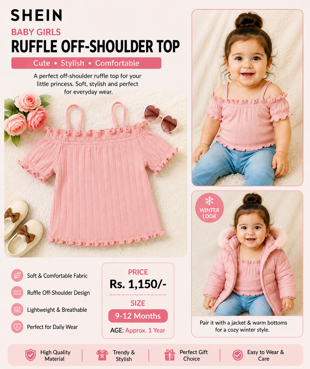 SHEIN Baby Girls Off-Shoulder Ruffle Top – Cute & Stylish Comfortable Top