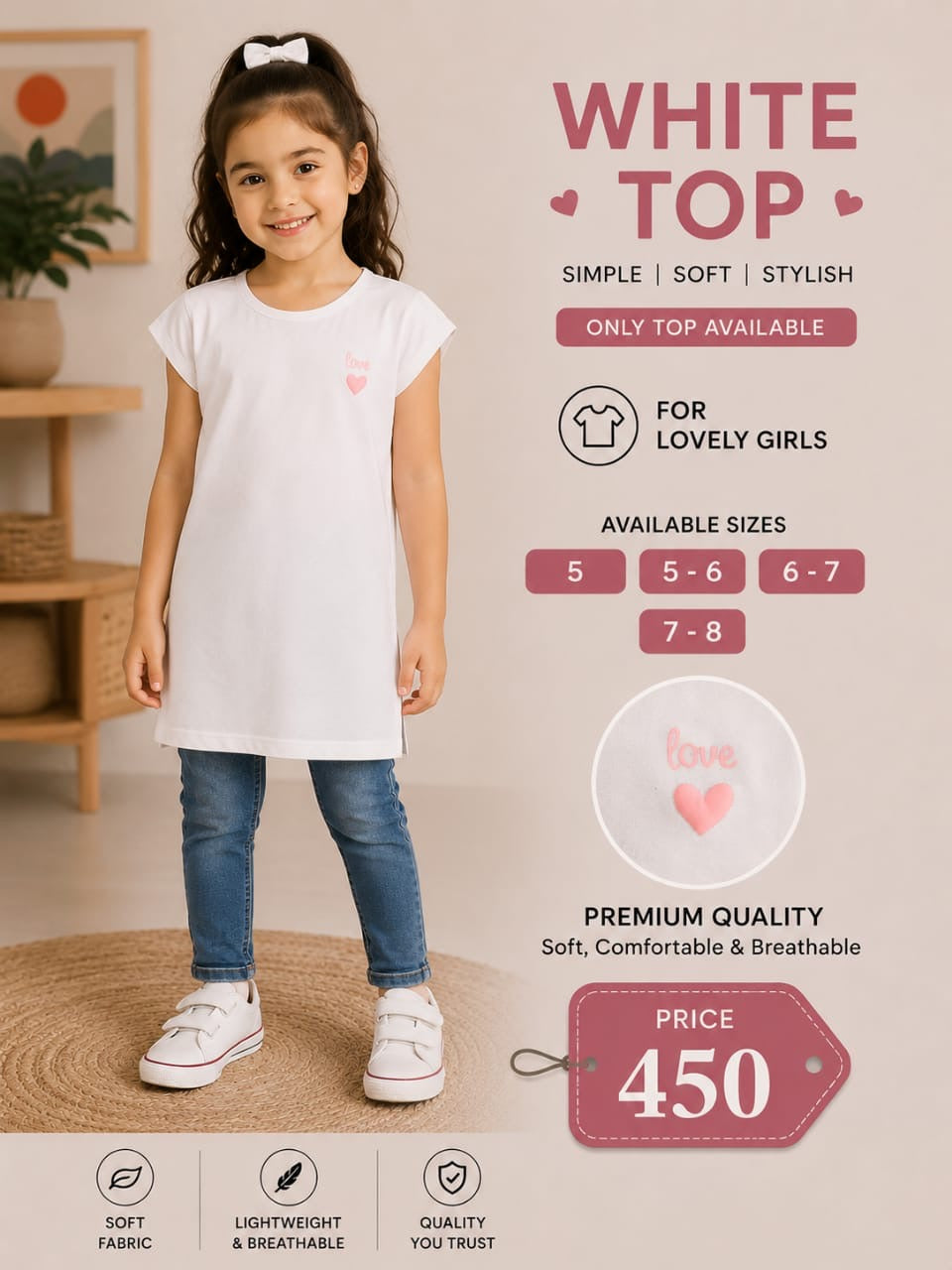 Girls White Soft Casual Top