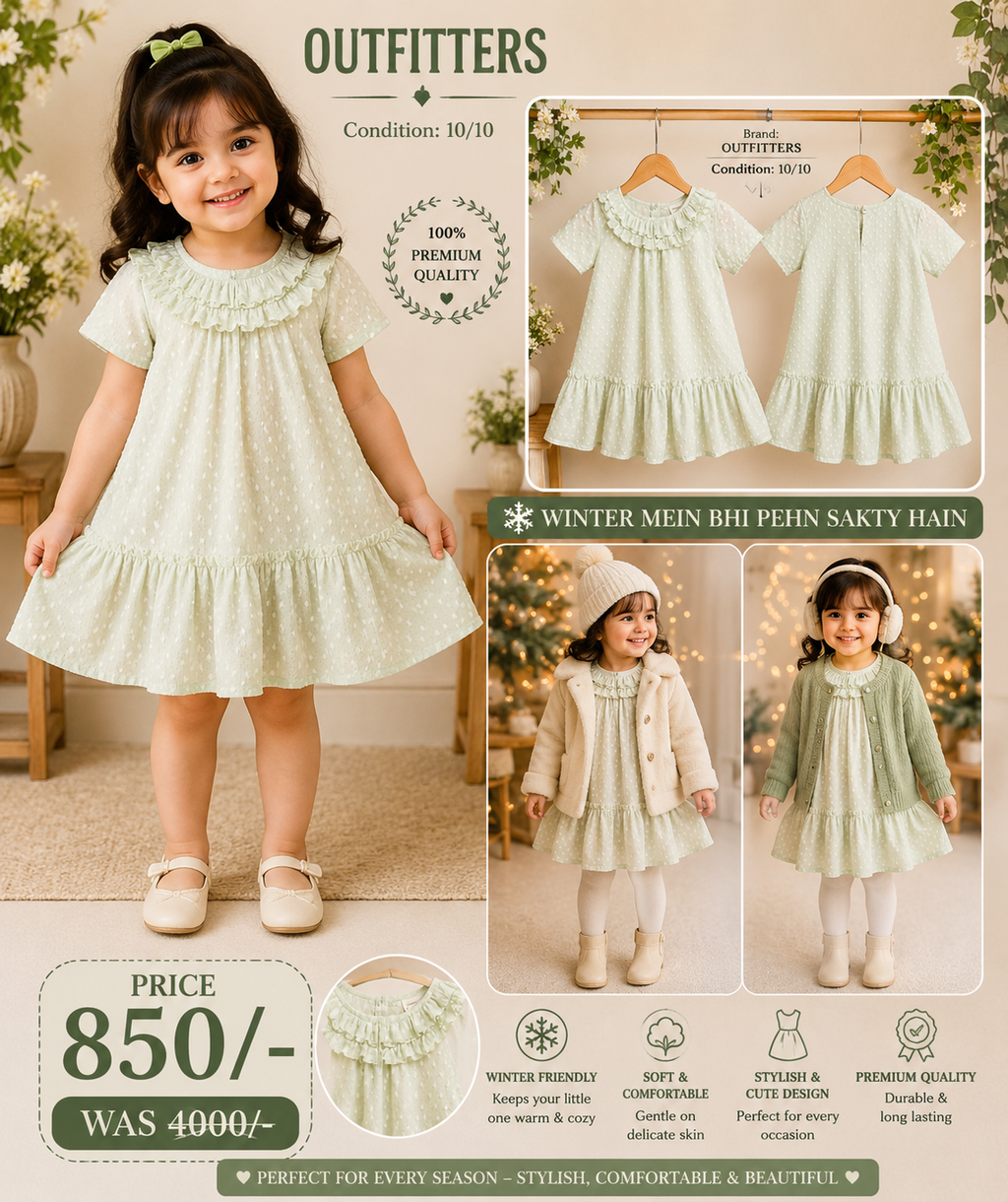 OUTFITTERS Girls Mint Green Frill Dress | Condition 10/10