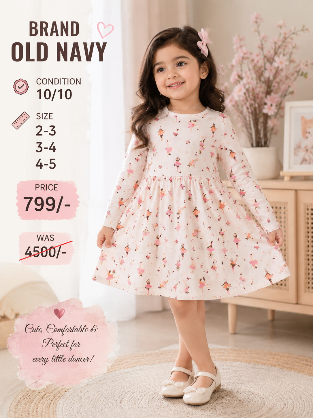 Old Navy Girls Ballerina Print Dress – Soft Cotton | 2–5 Years