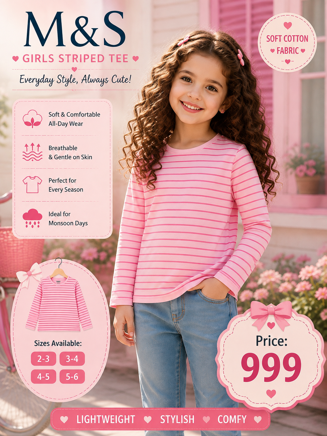 M&S Girls Pink Striped Full Sleeve Tee