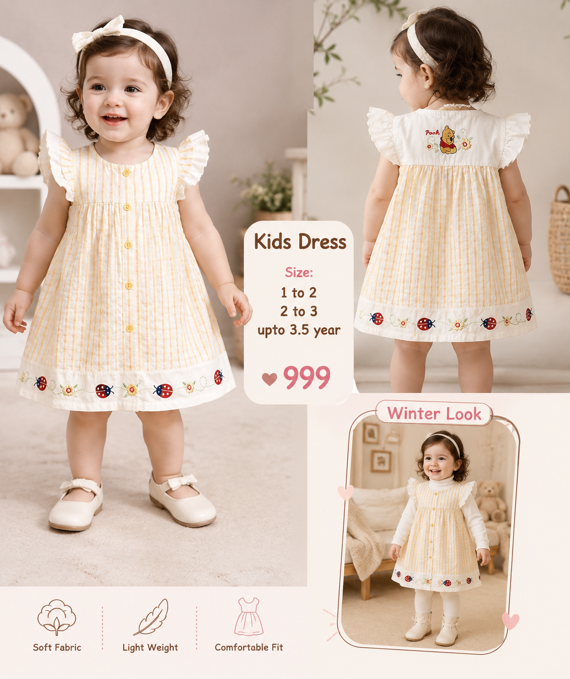 Kids Girls Yellow Striped Frock