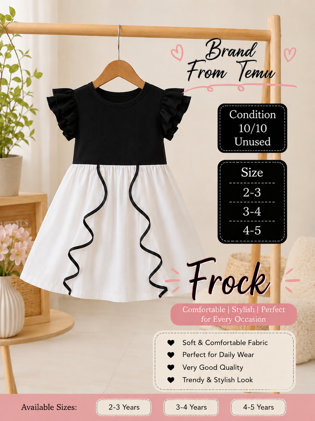 TEMU Black & White Girls Frock | Sizes 2–5 Years |