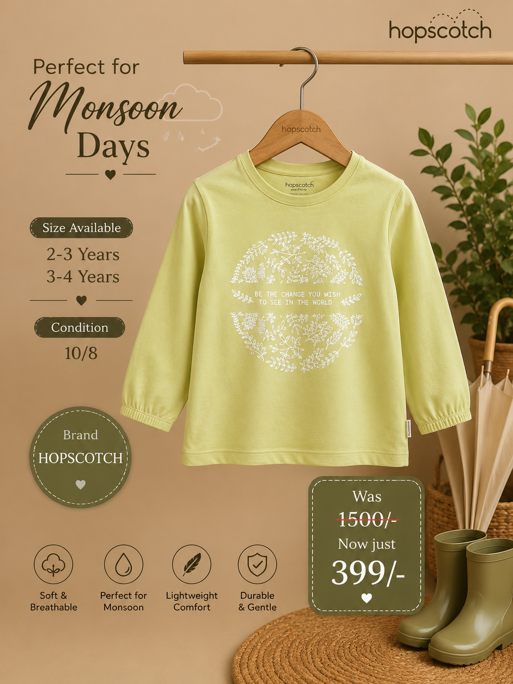 Little People Kids Light Green Cotton shirt | Full Sleeve Top | Perfect for Monsoon | 1-2 Years