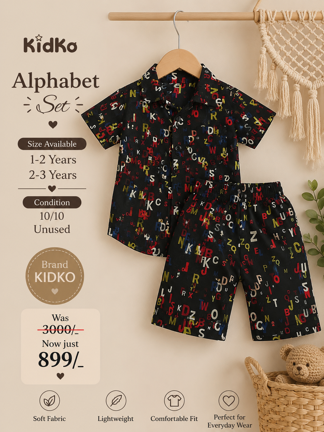 KidKo Alphabet Print Cotton Co-ord Set | Boys Half Sleeve Shirt & Shorts | Summer & Monsoon Wear | 1–2 Years & 2–3 Years