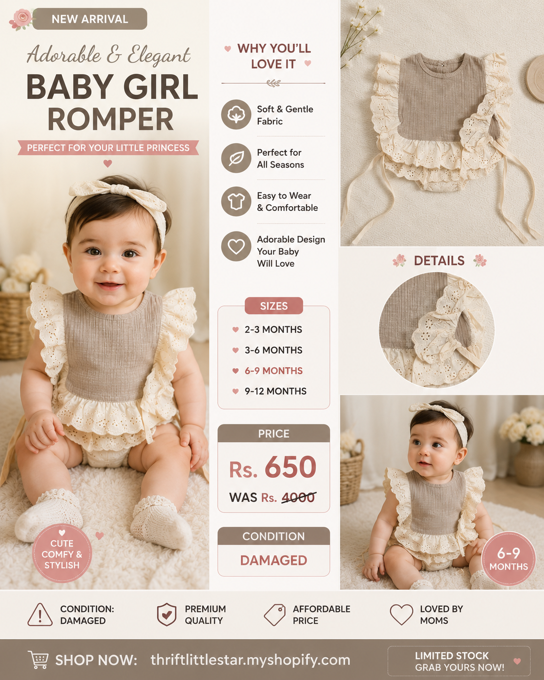 Baby Girl Ruffle Lace Romper – Beige