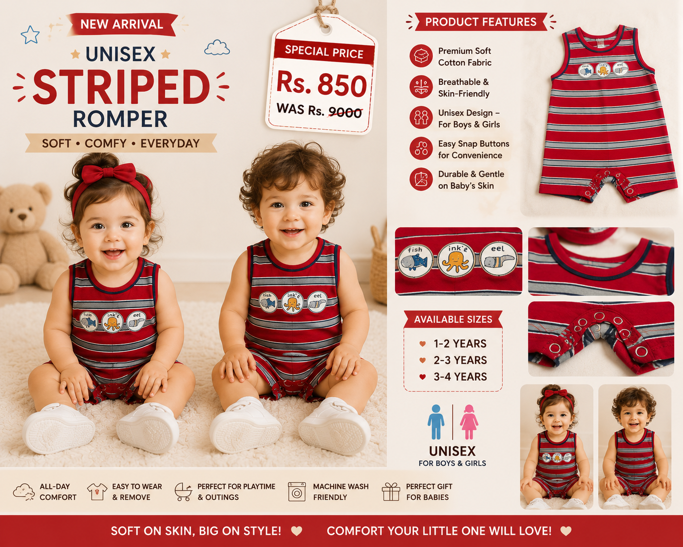 1. Unisex Red Striped Cotton Romper