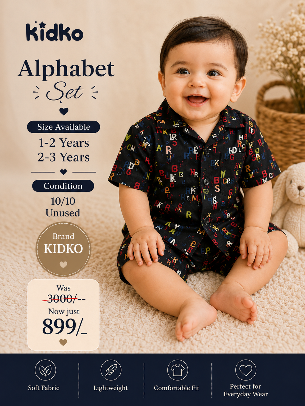KidKo Alphabet Print Cotton Co-ord Set | Boys Half Sleeve Shirt & Shorts | Summer & Monsoon Wear | 1–2 Years & 2–3 Years