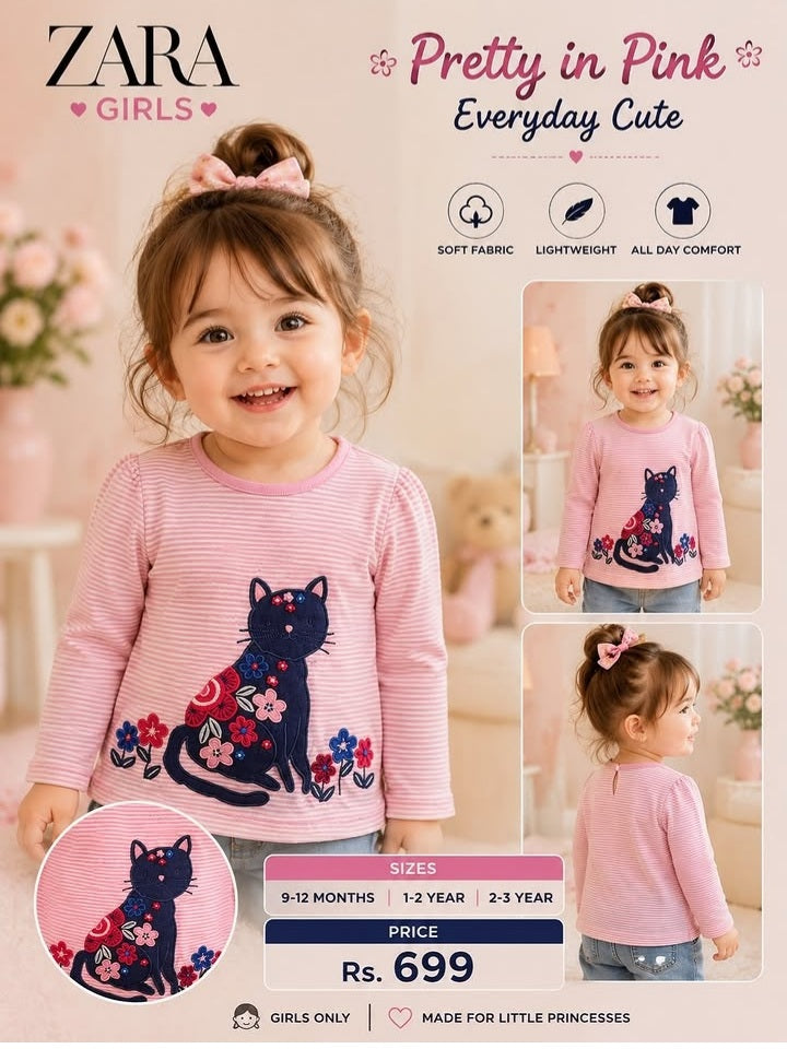 ZARA Girls – Pink Cat Top