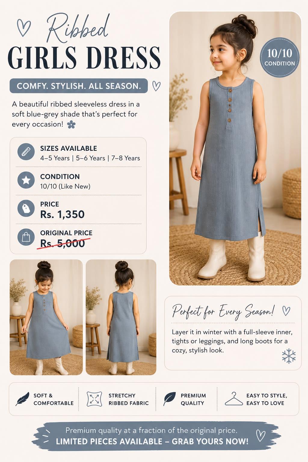 Ribbed Girls Dress - Sleeveless All-Season Blue-Grey Dress