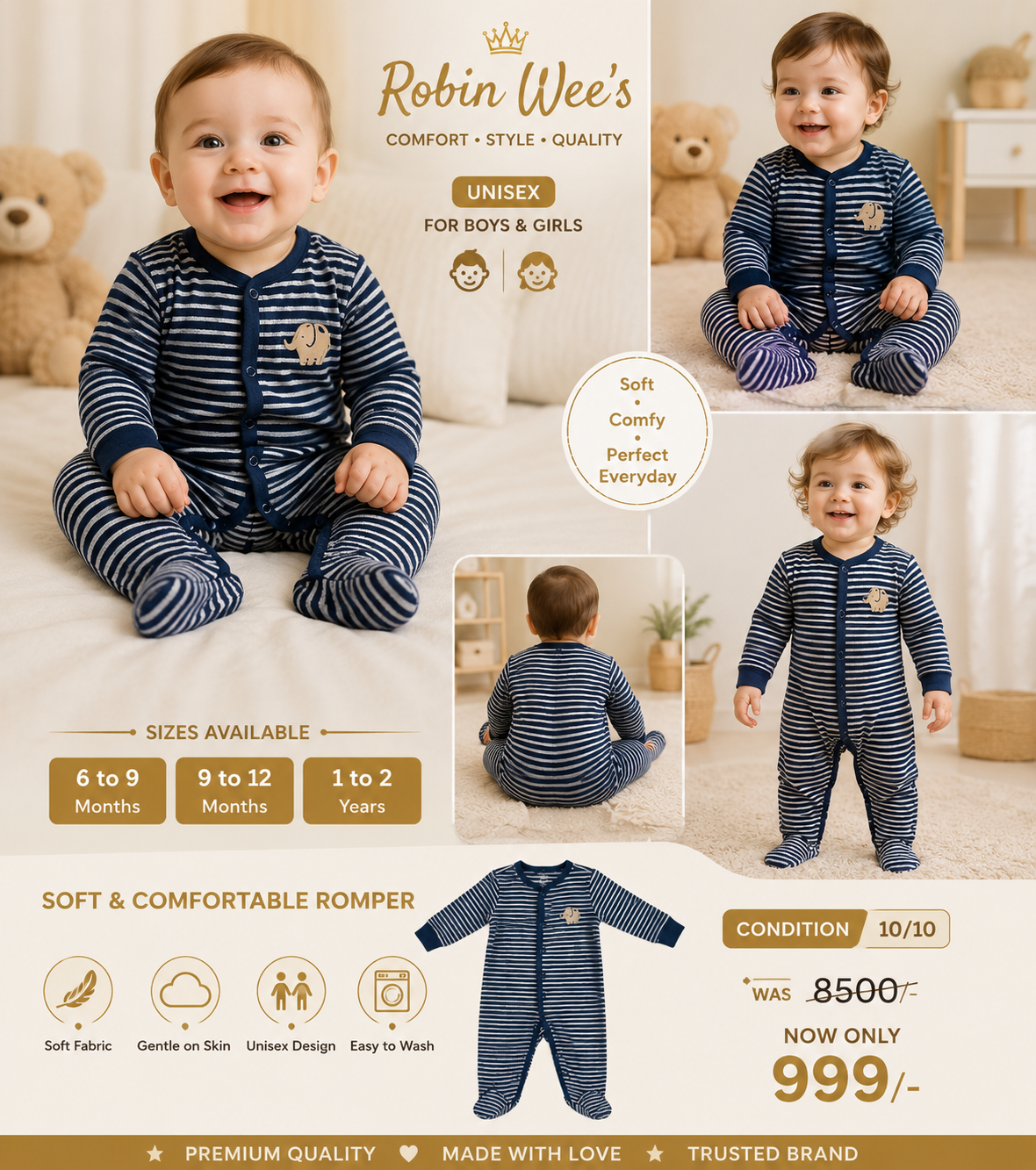 Robin Wee’s Unisex Navy Striped Romper