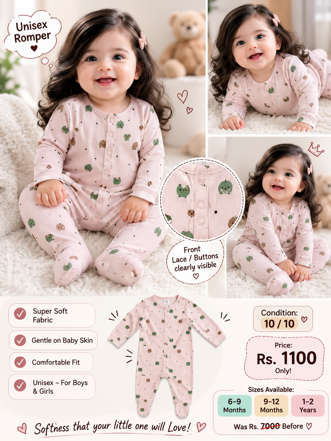 Unisex Soft & Comfortable Pink Printed Baby Romper / Jumpsuit