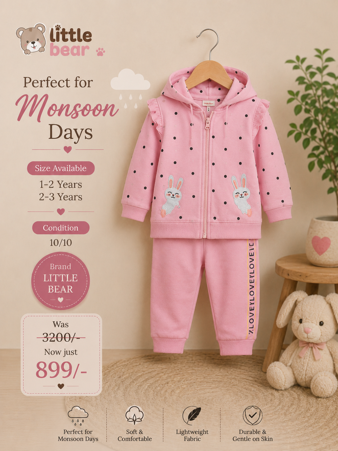 Little Bear Girls Pink Cotton Hoodie Suit | 2 Piece Set | Perfect for Monsoon | 1-2 & 2-3 Years