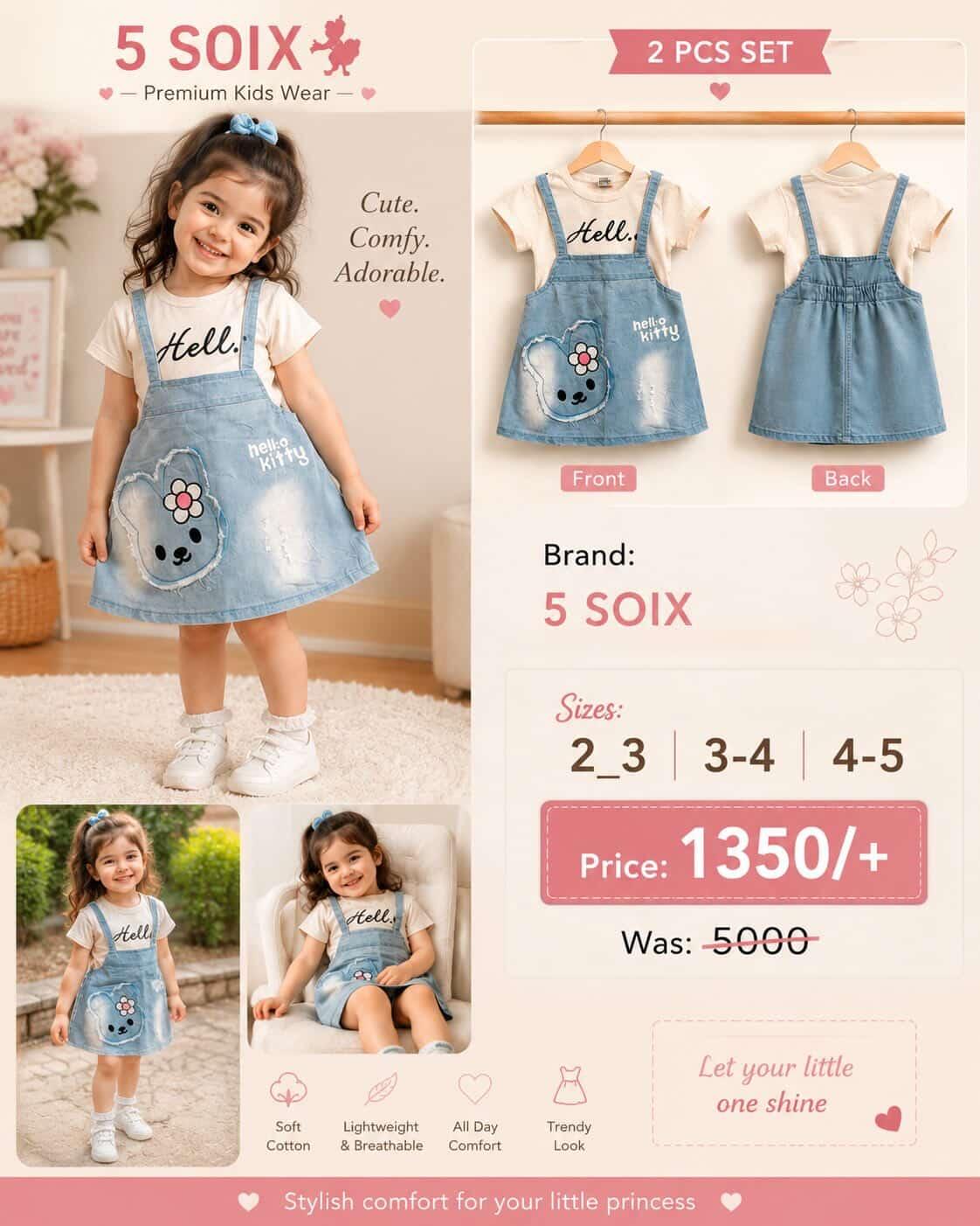 5 SOIX Premium 2 Pcs Denim Dungaree Frock & T-Shirt Set