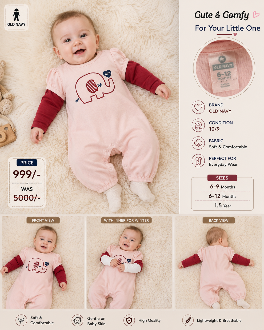 Old Navy Pink Elephant Print Cute Baby Romper Set