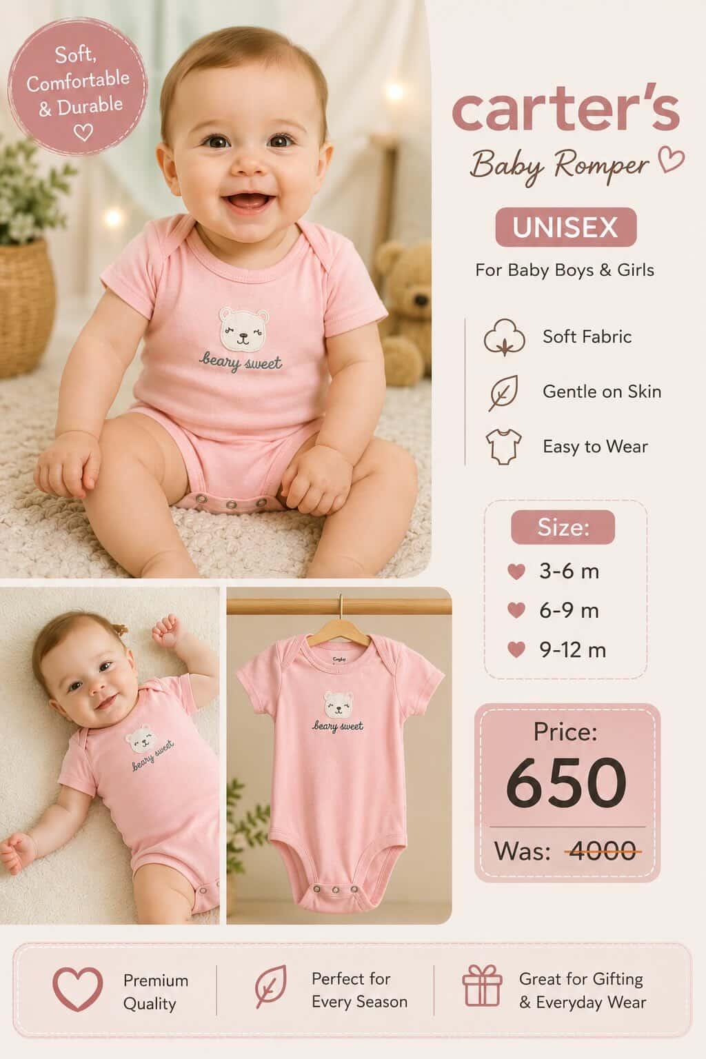 Carter's Baby Pink Cotton Romper (Unisex)
