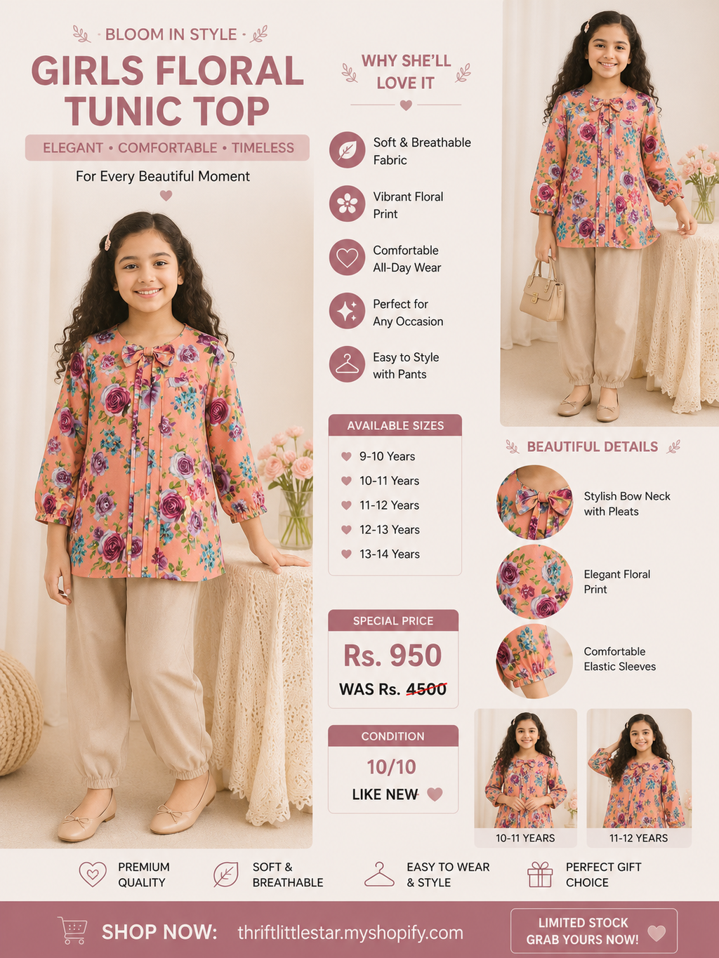 Girls Peach Floral Tunic Top