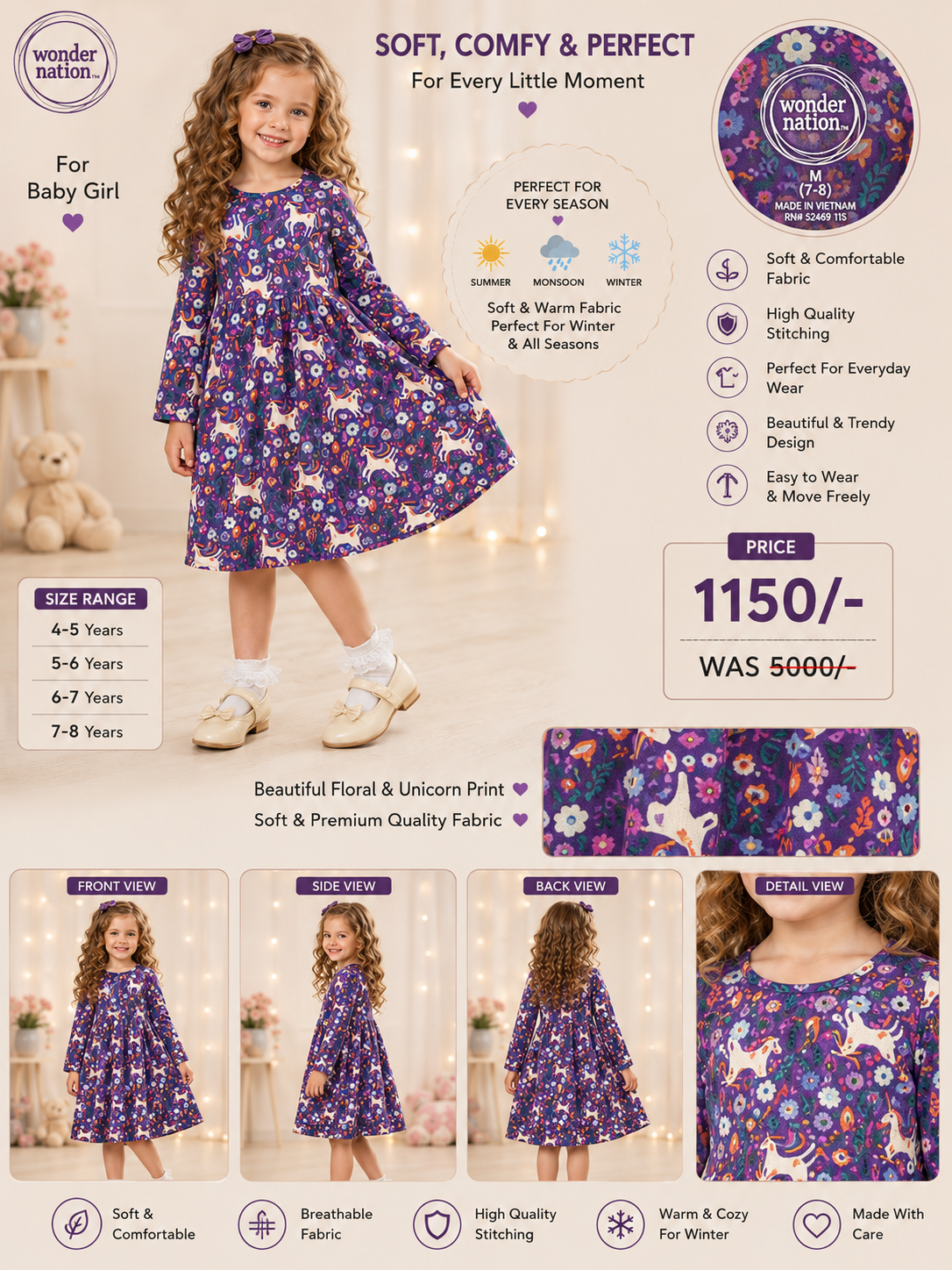 Wonder Nation Printed Floral & Unicorn Long Sleeve Frock