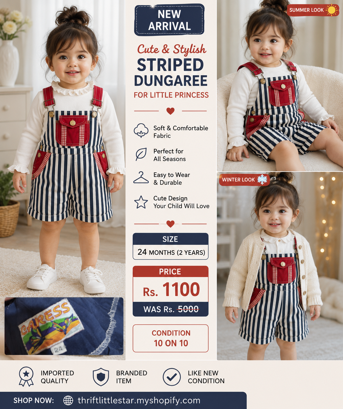 Caress Striped Dungaree Set for Girls