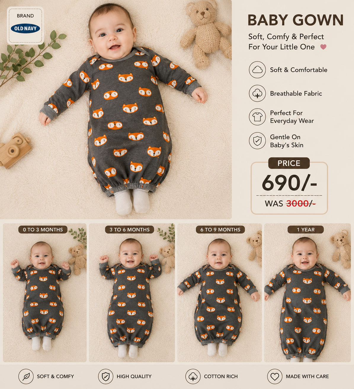 Old Navy Cute Fox Printed Baby Sleeping Gown