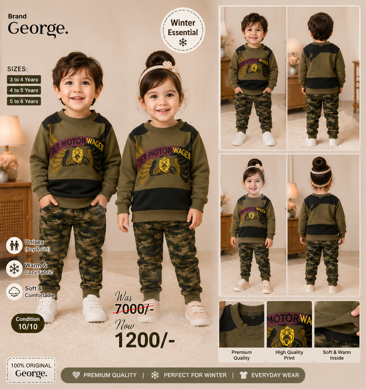 100% Original George Olive Camo Printed Unisex Tracksuit Set