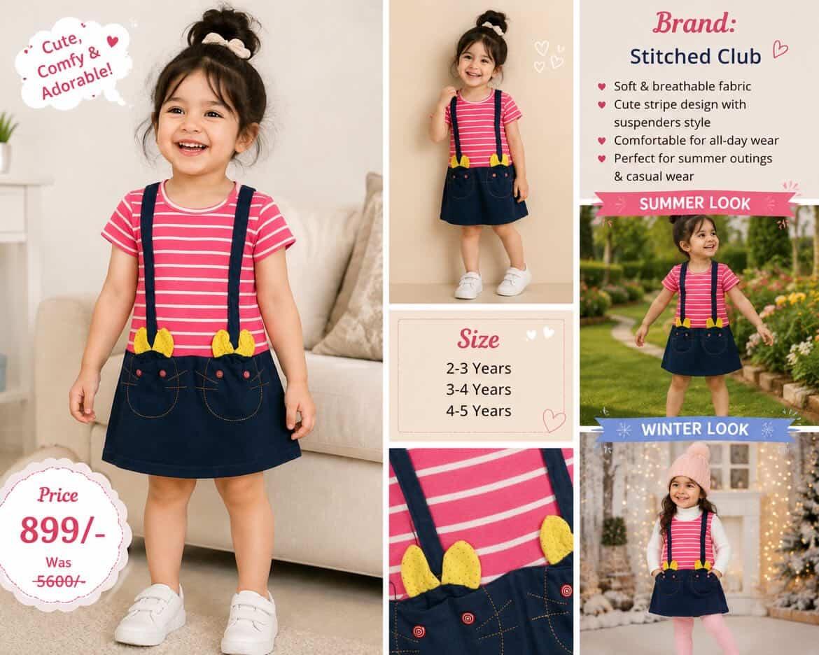 Stitched Club Cute Pink Striped Dress with Suspender Style Skirt