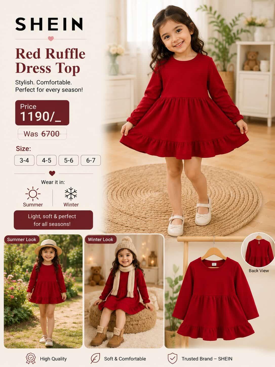 SHEIN Red Ruffle Dress Top - Girls Long Sleeve Casual Dress