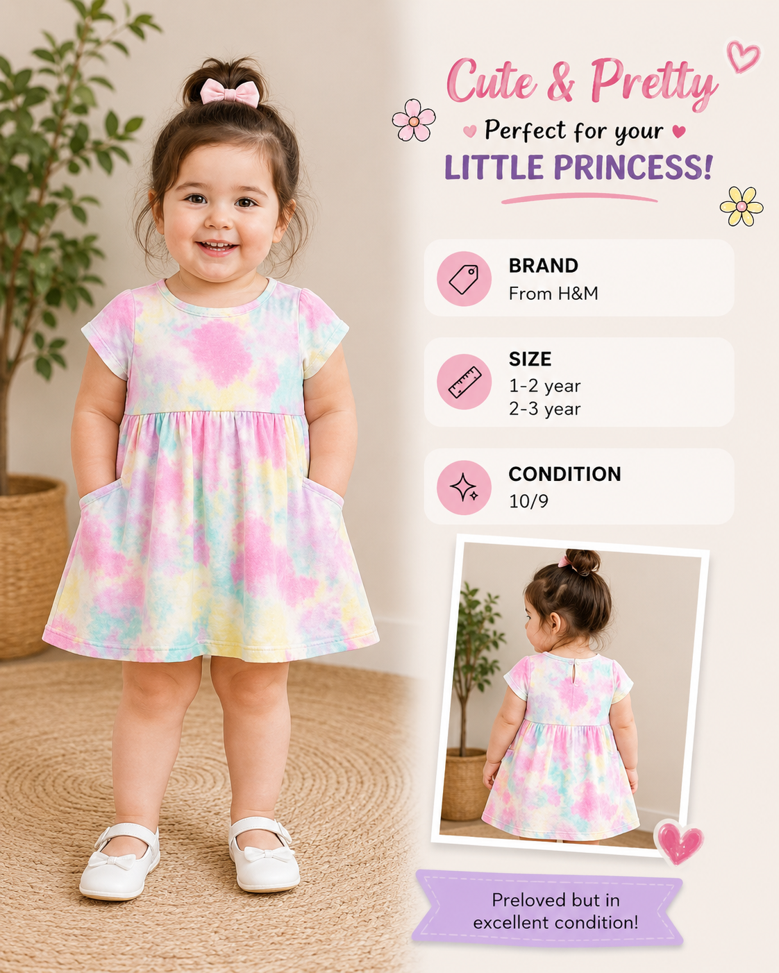 H&M Pastel Tie-Dye Baby Girl Dress | Soft Cotton | 1–3 Years