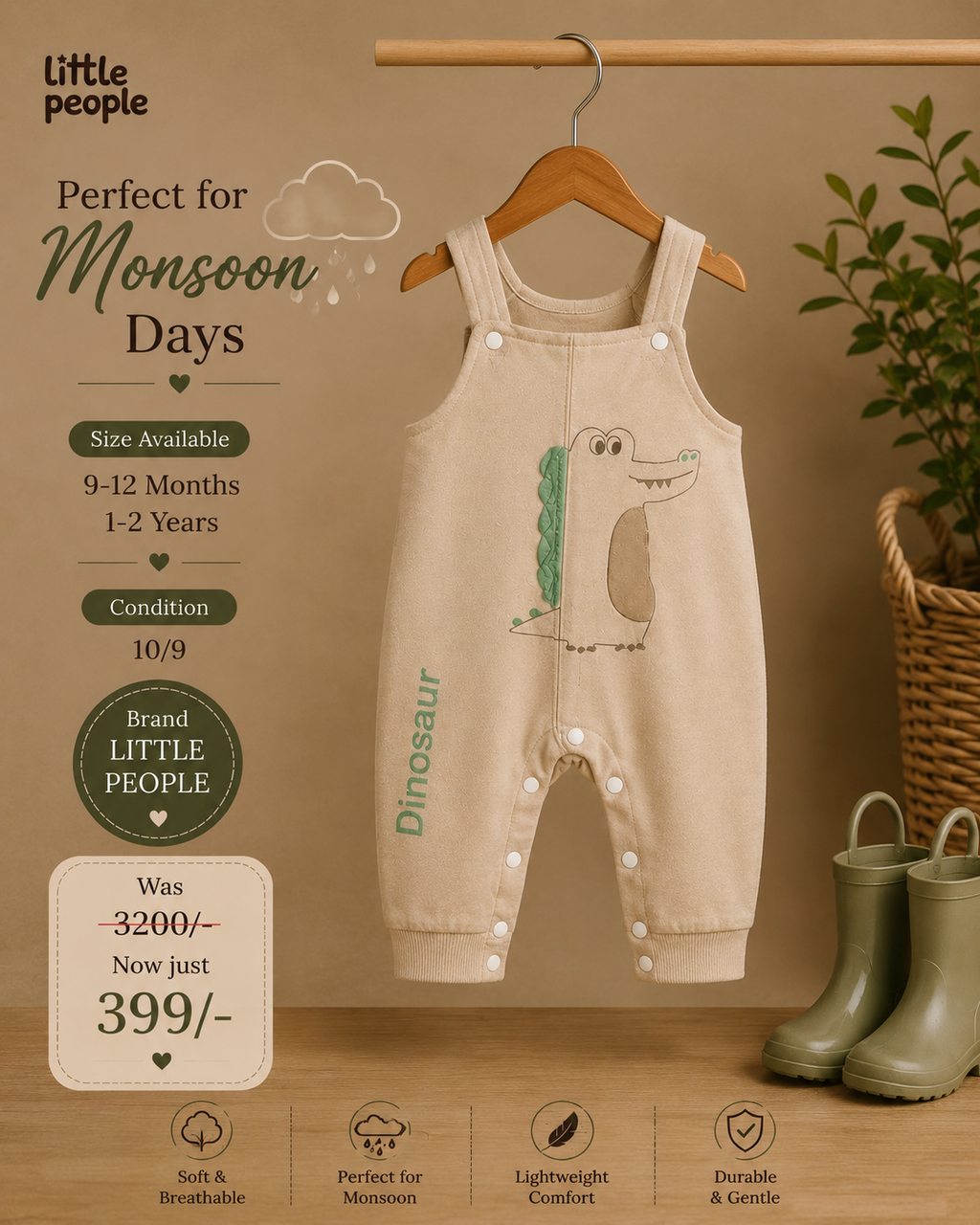Little People Cotton Dinosaur Dungaree Set | Baby 2 Piece Outfit | Perfect for Monsoon | 9-12 Months & 1-2 Years