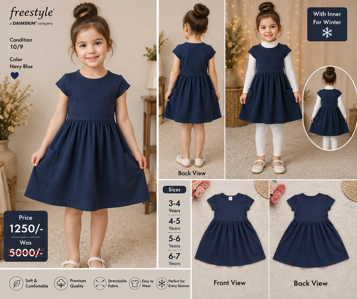 Freestyle Navy Blue Plain Short Sleeve Frock with Pockets